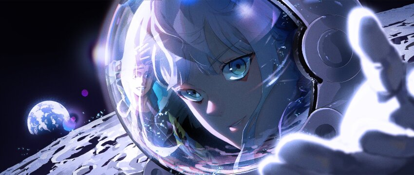 1boy 1girl astronaut blue_eyes cyberpunk_(series) cyberpunk_edgerunners david_martinez earth_(planet) helmet highres lucy_(cyberpunk) moon on_moon orenji_(orenjikunart) outstretched_hand planet reaching reaching_towards_another reaching_towards_viewer shading_eyes smile space space_helmet white_hair