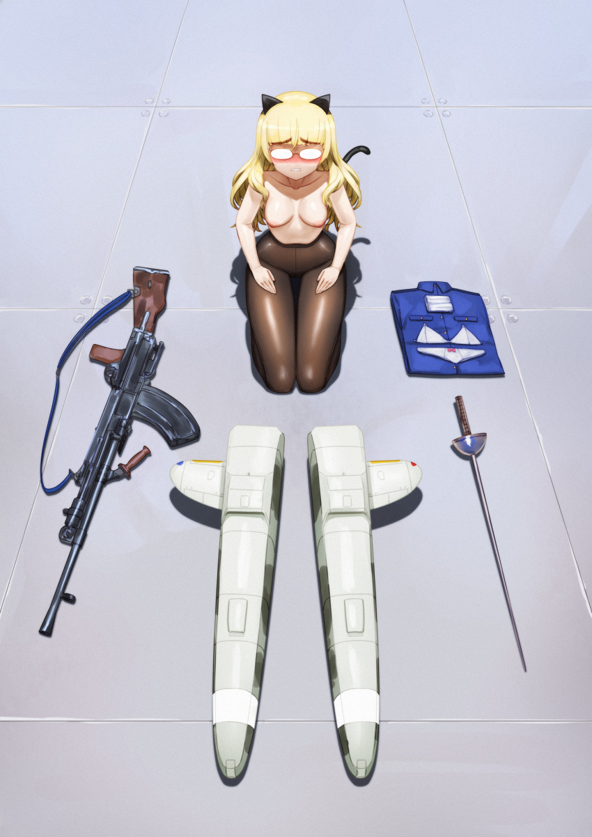1girl animal_ears black_pantyhose blonde_hair blush breasts cat_ears cat_tail equipment_layout eyebrows_visible_through_hat folded_clothes glasses grey_background gun highres long_hair mixed-language_commentary nipples pantyhose perrine_h._clostermann qingmingtongzi rapier rifle seiza sitting small_breasts solo strike_witches striker_unit sword tail weapon world_witches_series
