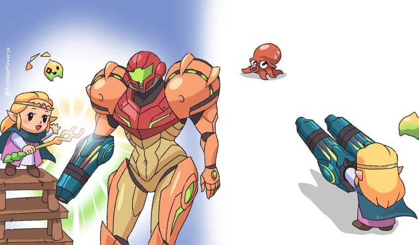 2girls archdan arm_cannon armor artist_name black_eyes blonde_hair cloak dual_arm_cannons hair_ornament highres long_hair metroid metroid_prime_4:_beyond multiple_girls nintendo octorok on_table open_mouth power_armor princess_zelda samus_aran staff sweatdrop table the_legend_of_zelda the_legend_of_zelda:_echoes_of_wisdom tri_(zelda) tri_rod weapon