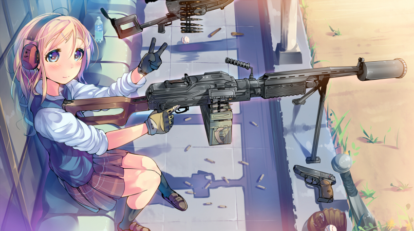 12.7x108mm 1girl 7.62x54mmr aek-999 ammunition ammunition_belt ammunition_box anti-materiel_cartridge baseball baseball_bat baseball_glove bipod blonde_hair blue_eyes blush bottle carbine_cartridge daito ear_protection female_focus fully_powered_cartridge gloves gun hair_ornament hairclip handgun handgun_cartridge headset heavy_machine_gun hmg_cartridge long_hair machine_gun makarov_pm muzzle_device nsv original outdoors pistol pistol_cartridge plaid_clothes plaid_skirt pleated_skirt pocket_pistol rifle_cartridge school_uniform shell_casing shoes sitting skirt smile solo suppressor sweater_vest trigger_discipline v water_bottle weapon