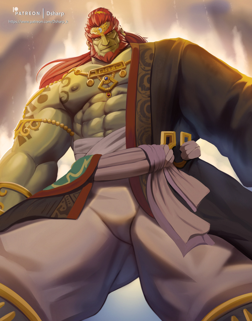 1boy abs absurdres bara bare_pectorals beard cheekbones colored_skin cowboy_shot dsharp facial_hair ganondorf gluteal_fold green_skin highres huge_eyebrows jewelry large_pectorals long_hair male_focus mature_male muscular muscular_male navel nintendo nipples paid_reward_available pectorals pointy_ears red_facial_hair red_hair smile solo standing the_legend_of_zelda the_legend_of_zelda:_tears_of_the_kingdom thick_beard
