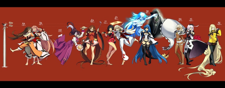 6+girls absurdly_long_hair absurdres ahoge ass baiken bare_legs barefoot belt black_hair black_legwear black_panties blonde_hair blue_eyes blue_hair breasts brown_hair chinese_clothes cleavage detached_sleeves dizzy_(guilty_gear) dress elphelt_valentine feet fingerless_gloves flower food frown gloves grey_hair guilty_gear guilty_gear_xrd hair_between_eyes hair_down halo height_chart height_difference highres holding_hands i-no initial jack-o&#039;_valentine jako_(toyprn) japanese_clothes kimono korean_clothes kum_haehyun kuradoberi_jam ladle large_breasts long_hair may_(guilty_gear) md5_mismatch medium_breasts midriff millia_rage monster_girl multicolored_hair multiple_girls necro_(guilty_gear) otter panties pantyhose parted_lips pink_hair ramlethal_valentine red_background ribbon rose short_hair simple_background tail tail_ornament tail_ribbon thigh_gap thigh_strap thighhighs thighs underwear undine_(guilty_gear) very_long_hair yellow_ribbon