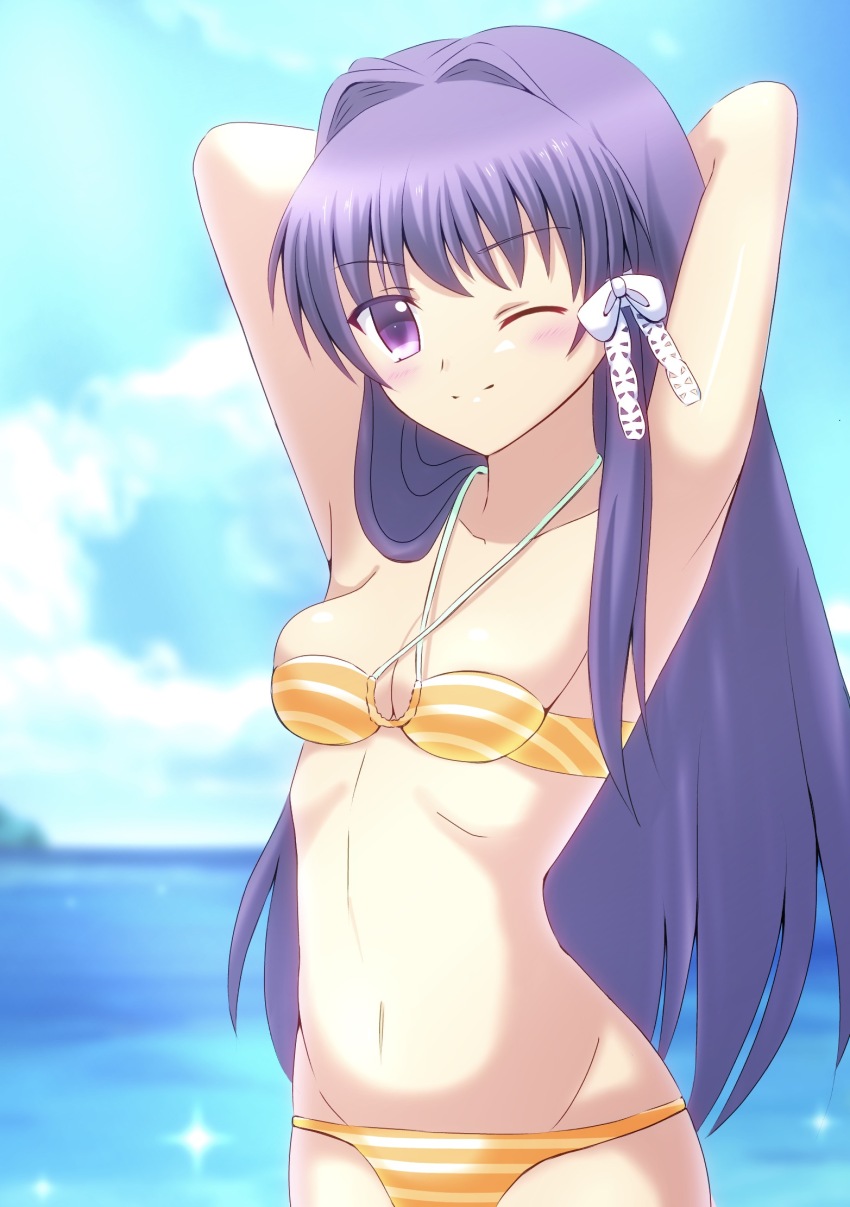 1girl ;) armpits arms_behind_head arms_up bikini blue_sky blush breasts clannad cloud day fujibayashi_kyou hair_intakes hair_ribbon highres lelie_(lelie_link) long_hair navel ocean one_eye_closed outdoors purple_eyes purple_hair ribbon sky small_breasts smile solo stomach striped_bikini striped_clothes swimsuit very_long_hair water yellow_bikini