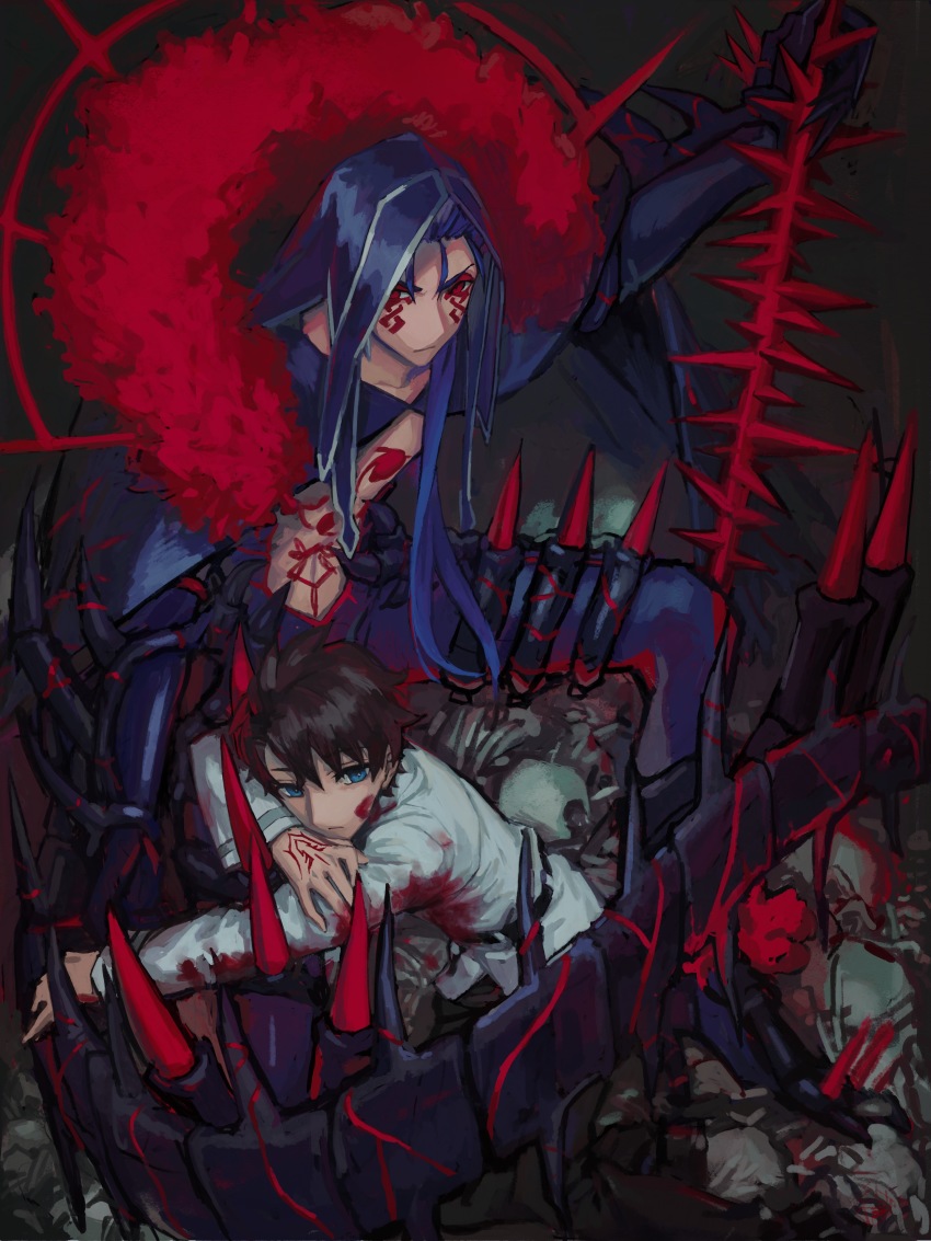 2boys absurdres bare_pectorals black_bodysuit black_hair blood blue_eyes blue_hair bodysuit chaldea_uniform chest_tattoo cu_chulainn_(fate) cu_chulainn_(fate/stay_night) cu_chulainn_alter_(fate) cu_chulainn_alter_(fate/grand_order) cu_chulainn_alter_(third_ascension)_(fate) expressionless facial_mark fate/grand_order fate_(series) fujimaru_ritsuka_(male) gae_bolg_(fate) hair_over_shoulder hair_strand highres hood long_hair male_focus momomogeta monster_boy multiple_boys pectorals polearm red_eyes sitting spear spiked_tail tail tattoo weapon