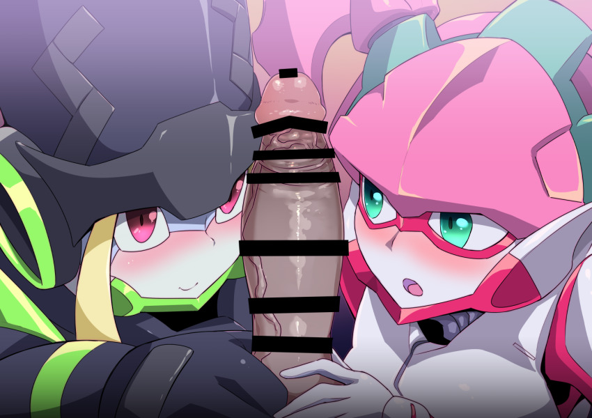 1boy 2girls argentea_(darling_in_the_franxx) blonde_hair censored darling_in_the_franxx genista_(darling_in_the_franxx) green_eyes mecha multiple_girls penis pink_eyes pink_hair pochincoff robophilia robot robot_girl