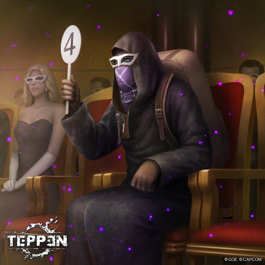 1other 2girls 3boys auction backpack bag bandana blonde_hair brown_hair capcom chair dress earrings elbow_gloves fingerless_gloves gloves highres jewelry kuroiwa_enu long_hair mask merchant_(resident_evil) multiple_boys multiple_girls official_art resident_evil resident_evil_4 short_hair sign sitting teppen