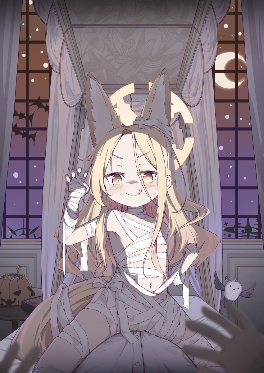 1boy 1girl 1other :q absurdres animal_ears bandages bat_(animal) bed blonde_hair blue_archive breasts candy canopy_bed crescent_moon flat_chest food fox_ears fox_girl fox_tail girl_on_top halloween halloween_bucket halloween_costume highres kyouwashi lollipop long_hair looking_at_viewer lying moon naked_bandage navel night on_back on_bed pov seia_(blue_archive) small_breasts smile solo straddling tail tongue tongue_out v-shaped_eyebrows window yellow_eyes