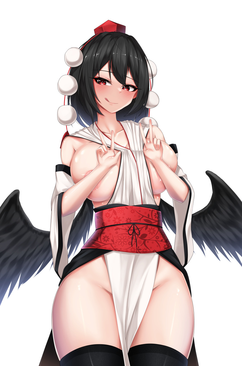 1girl :q absurdres areola_slip between_breasts black_hair black_thighhighs black_wings blush breasts closed_mouth clothes_between_breasts commentary_request covering_breasts covering_privates cowboy_shot detached_sleeves feathered_wings hat highres japanese_clothes kourindou_tengu_costume large_breasts leo23 long_sleeves looking_at_viewer low_wings no_bra no_panties obi pom_pom_(clothes) red_eyes red_sash sash shameimaru_aya short_hair simple_background smile solo thighhighs tokin_hat tongue tongue_out touhou v w white_background wide_sleeves wings