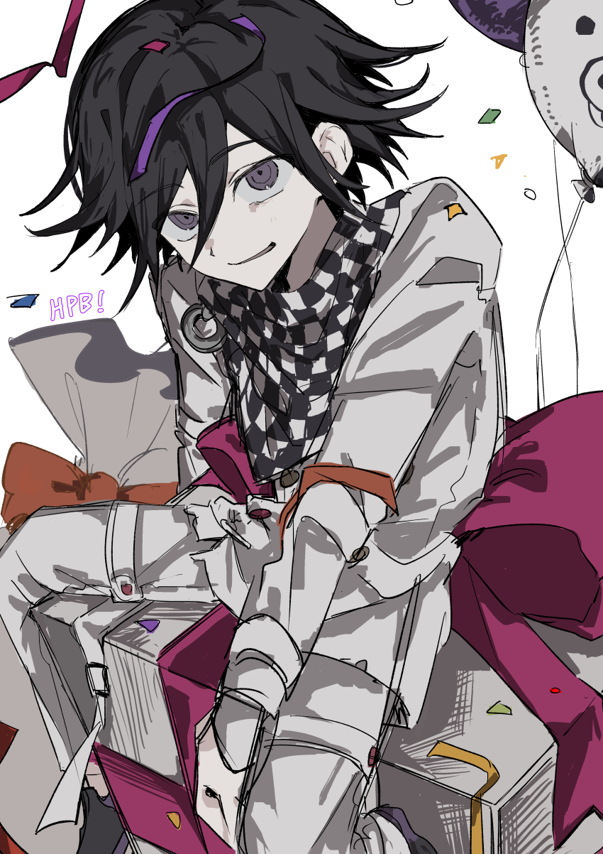 1boy absurdres balloon birthday black_hair box buttons checkered_clothes checkered_scarf commentary_request confetti danganronpa_(series) danganronpa_v3:_killing_harmony flipped_hair gift gift_box hair_between_eyes happy_birthday highres legs_apart long_sleeves looking_at_viewer male_focus muted_color oma_kokichi pale_skin pants purple_eyes ribbon ringed_eyes scarf short_hair sitting smile solo streamers thigh_strap two-tone_scarf wa_noko