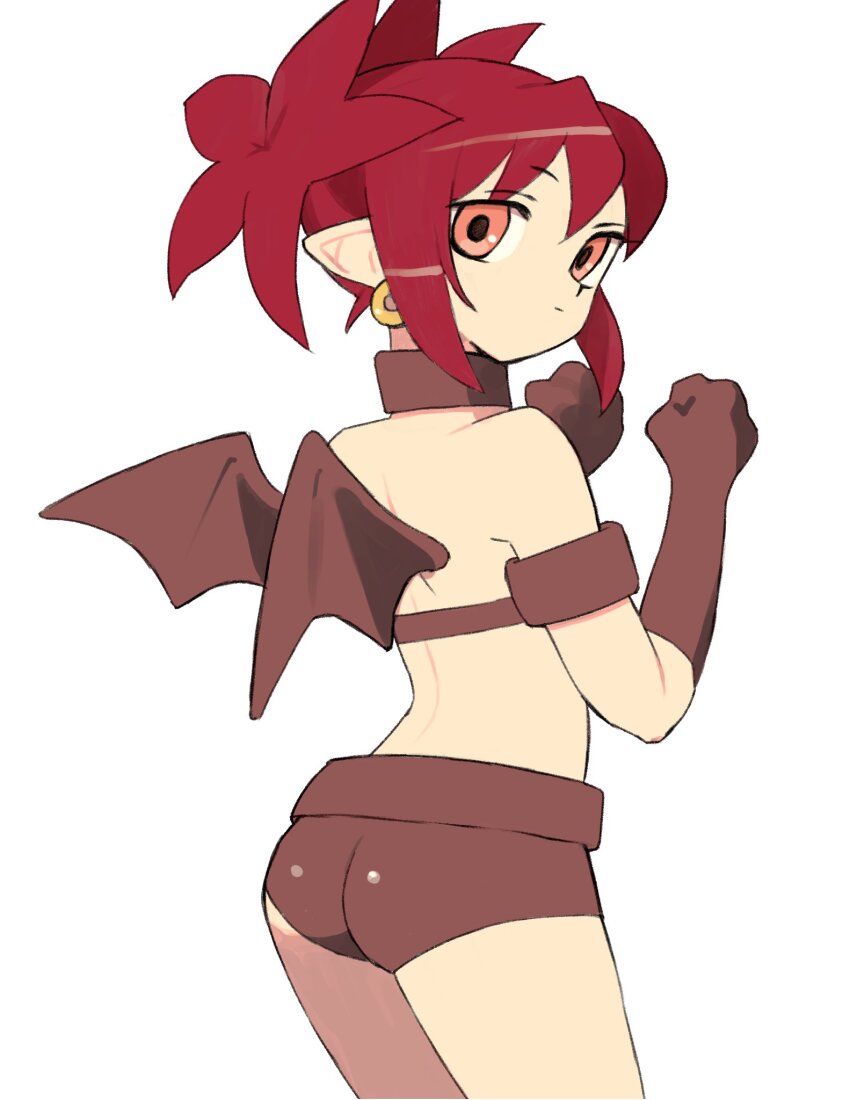 1girl ass bare_shoulders bat_wings black_choker black_gloves black_shorts black_wings choker clenched_hands closed_mouth disgaea earrings elbow_gloves etna_(disgaea) gan2 gloves hair_between_eyes hands_up highres jewelry micro_shorts orange_eyes pointy_ears red_hair short_hair short_twintails shorts simple_background solo twintails white_background wings
