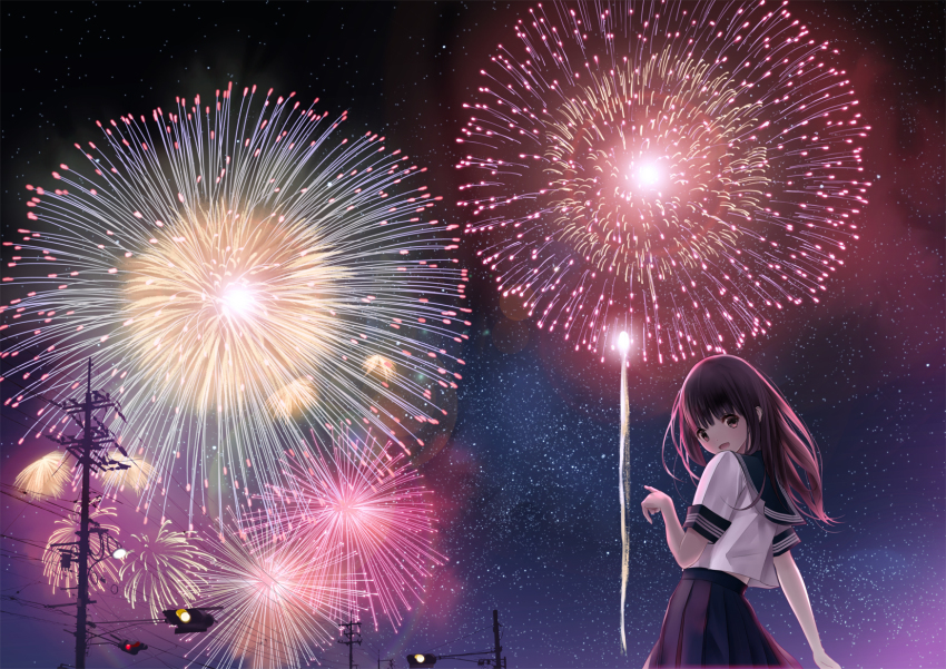 1girl bad_id bad_pixiv_id black_hair brown_eyes chikuwa_(glossymmmk) chikuwa_(odennabe) female_focus fireworks hand_up highres long_hair long_skirt looking_at_viewer night night_sky open_mouth original outdoors pleated_skirt pointing school_uniform serafuku skirt sky smile solo star_(sky) starry_sky summer