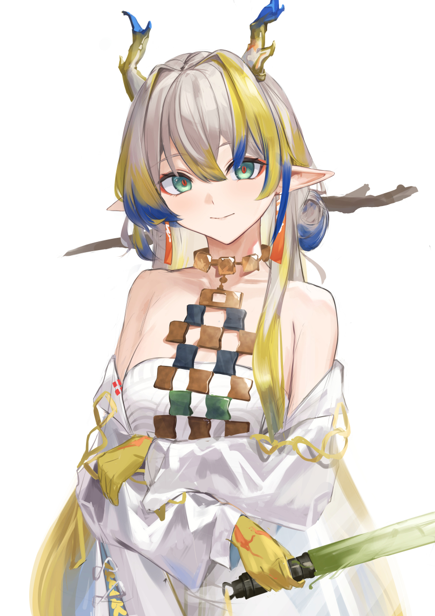 1girl absurdres arknights bare_shoulders blonde_hair closed_mouth colored_extremities cowboy_shot dragon_girl dragon_horns earrings green_eyes grey_hair hair_between_eyes hair_intakes highres holding holding_sword holding_weapon horns jacket jewelry light_smile long_sleeves looking_at_viewer multicolored_hair necklace off_shoulder pointy_ears purple_hair remapack77 shu_(arknights) simple_background sketch solo standing strapless sword tube_top weapon white_background white_jacket white_tube_top