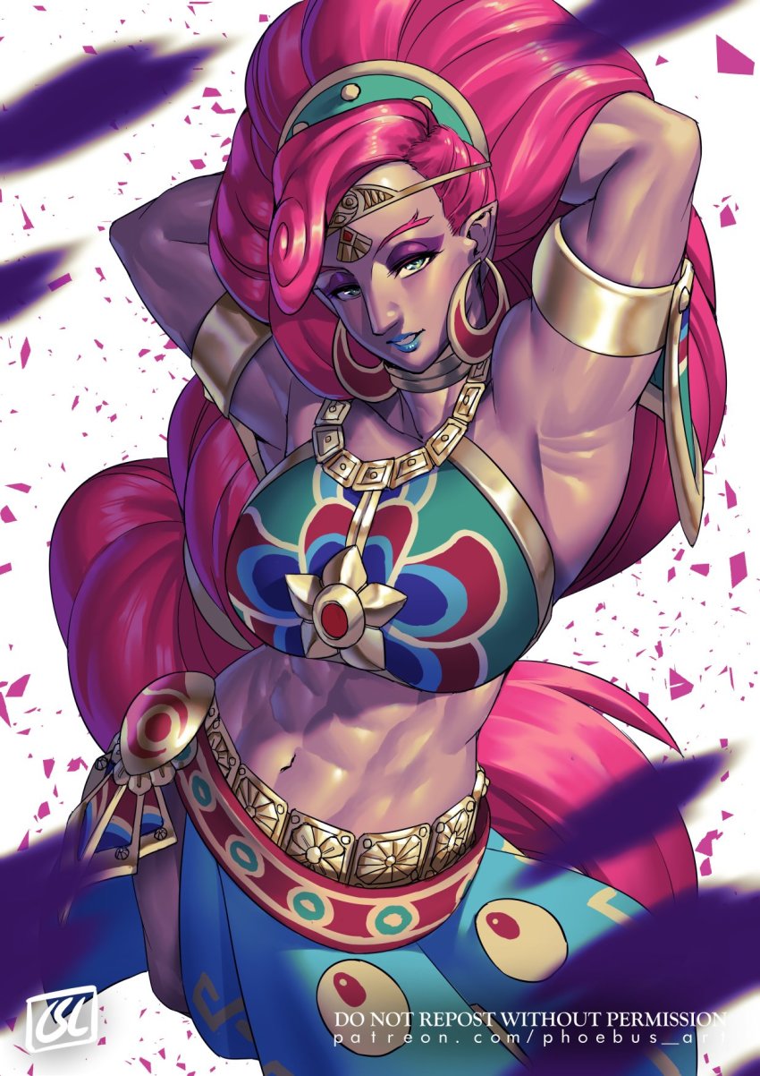 1girl abs arms_behind_head blue_lips breasts choker dark-skinned_female dark_skin earrings eyeshadow female_focus green_eyes highres jewelry large_breasts long_hair looking_at_viewer makeup muscular muscular_female nintendo phoebus_art pointy_ears red_hair solo the_legend_of_zelda the_legend_of_zelda:_breath_of_the_wild urbosa very_long_hair