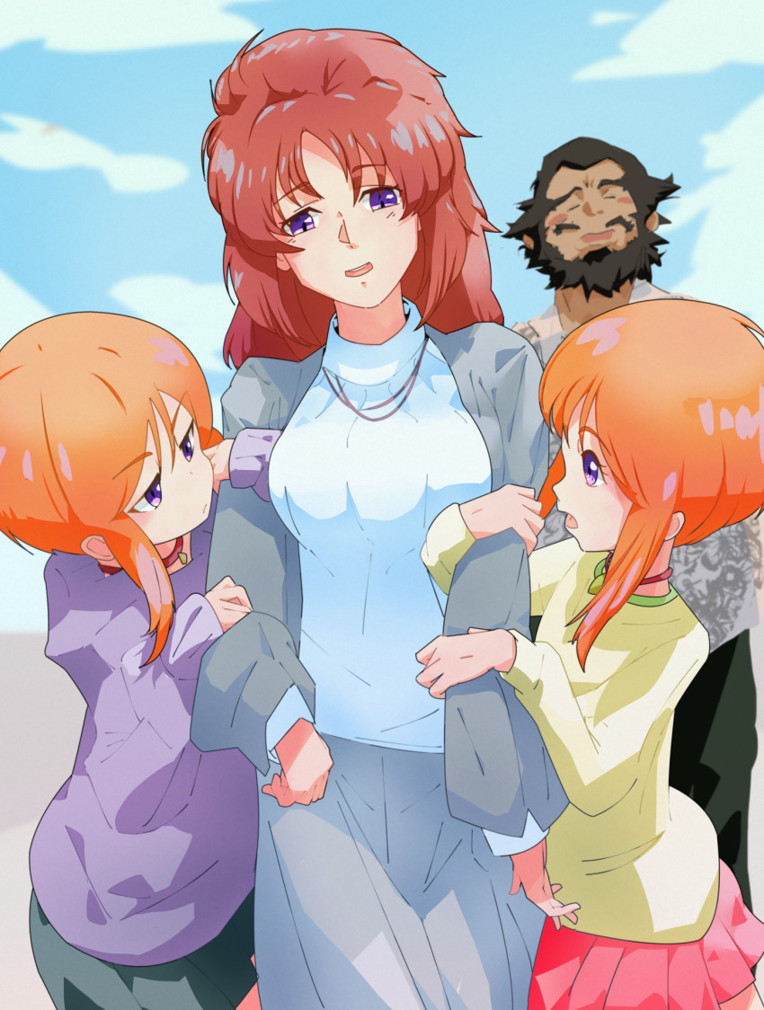 1boy 3girls age_difference beard blush cloud cloudy_sky commentary_request dress elpeo_puru facial_hair family gundam gundam_unicorn gundam_zz highres holding_another&#039;s_arm jacket jewelry kano_shichi7 manly marida_cruz multiple_girls orange_hair parody purple_eyes puru_two siblings sisters size_difference skirt sky suberoa_zinnerman