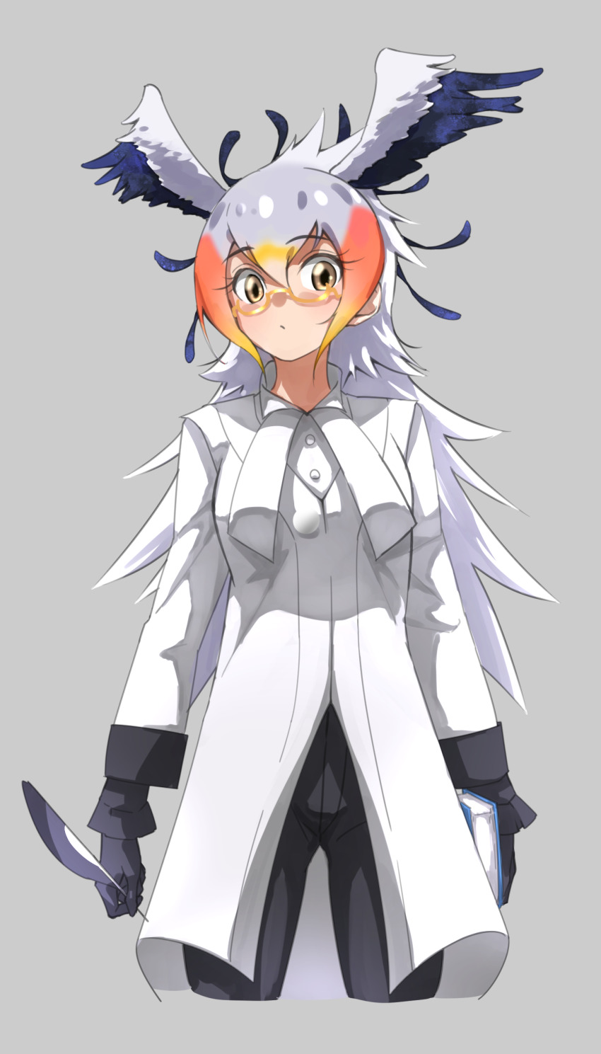 1girl absurdres bird_girl bird_wings black_gloves black_hair black_pants blonde_hair blue_hair book collared_shirt cowboy_shot glasses gloves gradient_hair grey_hair hair_between_eyes head_wings highres jacket kemono_friends long_jacket multicolored_hair orange_hair pants quill secretarybird_(kemono_friends) semi-rimless_eyewear shirt sleeve_cuffs solo tanabe_(fueisei) under-rim_eyewear white_jacket white_shirt wings yellow-framed_eyewear yellow_eyes