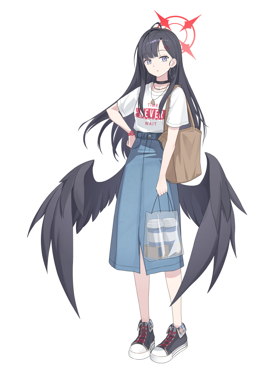 1girl absurdres alternate_costume back_hair bag black_choker black_hair black_shoes black_wings blue_archive blue_eyes blue_skirt brown_bag casual choker cup disposable_coffee_cup disposable_cup earrings feathered_wings hair_behind_ear hair_ornament hairclip hand_on_own_hip highres holding holding_bag ichika_(blue_archive) jewelry long_hair long_skirt looking_at_viewer low_wings nammmmer necklace parted_lips plastic_bag shirt shoes short_sleeves sidelocks skirt solo t-shirt watch white_shirt wings wristwatch