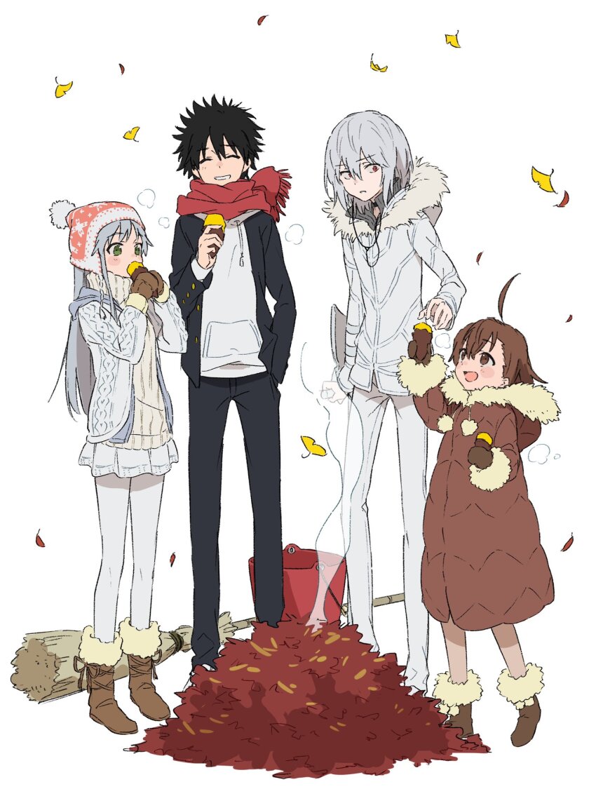 2boys 2girls :d accelerator_(toaru_majutsu_no_index) ahoge black_hair broom brown_eyes brown_footwear brown_hair bucket closed_eyes eating falling_leaves food ginkgo_leaf green_eyes grey_hair grin highres holding holding_food index_(toaru_majutsu_no_index) kamijou_touma last_order_(toaru_majutsu_no_index) leaf leaf_pile multiple_boys multiple_girls open_mouth red_eyes red_scarf roasted_sweet_potato scarf simple_background smile sweet_potato teruya_(6w6y) toaru_majutsu_no_index white_background