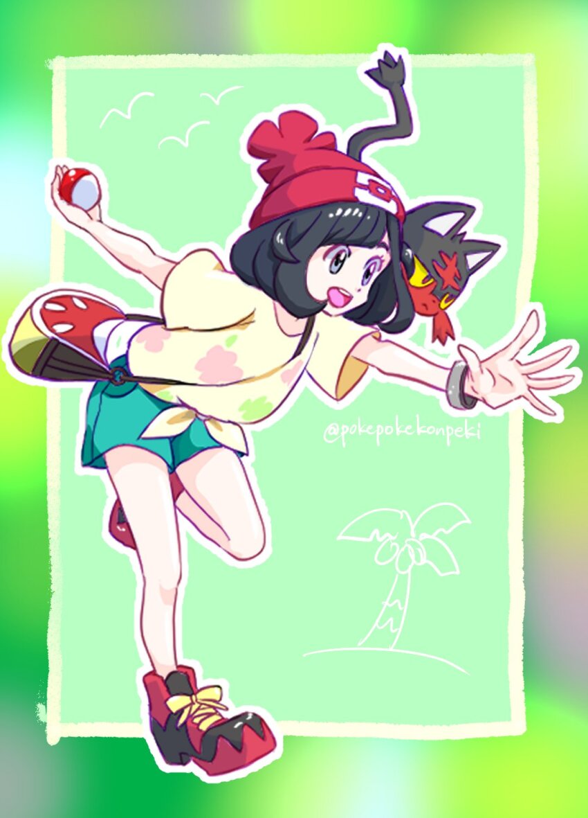 1girl :d artist_name bag beanie black_fur black_hair blurry_border cat colored_sclera commentary_request cross-laced_footwear gen_7_pokemon green_background green_shorts hat highres holding holding_poke_ball litten nintendo open_mouth outside_border poke_ball poke_ball_(basic) poke_ball_print pokemon pokemon_(creature) pokemon_sm pokepokekonpeki print_headwear reaching red_eyes selene_(pokemon) shoes shorts shoulder_bag simple_background simple_bird smile solo standing standing_on_one_leg twitter_username wristband yellow_sclera