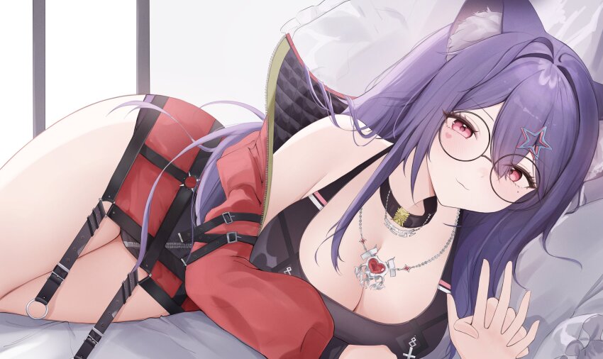 1girl absurdres akuma_nihmune akuma_nihmune_(casual) animal_ear_fluff black_collar breasts cleavage closed_mouth collar facial_mark glasses hair_ornament heart heart_facial_mark heart_necklace highres indie_virtual_youtuber interlocked_fingers jacket jewelry long_hair lying mole mole_under_mouth necklace on_side open_clothes open_jacket pink_eyes purple_eyes red_jacket round_eyewear solo star_(symbol) star_hair_ornament virtual_youtuber yumiewuri