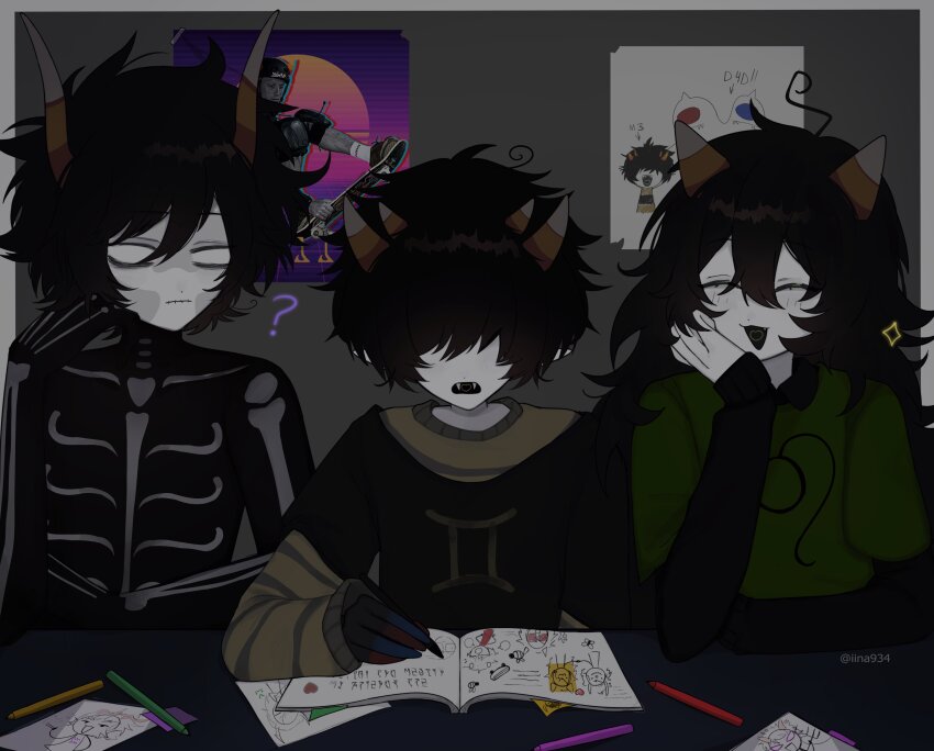 4girls 6+boys :3 ? absurdres alien alternate_costume aquarius_(symbol) asymmetrical_horns bad_id bad_twitter_id bee black_bodysuit black_gloves black_hair black_shirt blank_eyes blank_speech_bubble blue_gloves blush bodysuit border bug butterfly casual chibi chibi_inset cigarette closed_eyes colored_skin commentary crayon cronus_ampora crossed_arms drawing_(action) elbow_rest emoticon english_commentary facepaint fake_text fangs gemini_(symbol) gloves green_shirt grey_border grey_skin hair_over_eyes hand_on_own_cheek hand_on_own_face heart heart_in_mouth highres holding holding_hands holding_polearm holding_weapon homestuck horns iina934 insect john_egbert kankri_vantas kurloz_makara latula_pyrope leo_(symbol) long_hair long_horns long_sleeves meenah_peixes messy_hair meulin_leijon mituna_captor multicolored_gloves multiple_boys multiple_girls multiple_horns muted_color open_mouth orange_horns paper photo_inset pointy_ears polearm porrim_maryam poster_(object) real_life red-tinted_eyewear red_gloves rufioh_nitram shirt shirt_under_shirt short_hair short_sleeves skateboard skeleton_print sketchbook smile smoke sparkle speech_bubble sticky_note stitched_mouth stitches striped_clothes striped_sweater sweater tinted_eyewear tony_hawk trident troll_(homestuck) twitter_username v very_long_hair weapon
