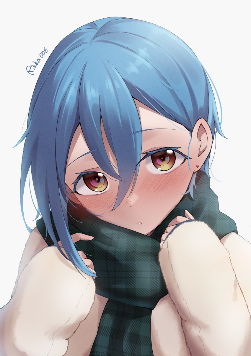 1girl absurdres artist_name blue_hair blush commentary_request crossed_bangs embarrassed fur_jacket green_scarf hair_between_eyes highres jacket looking_at_viewer love_live! love_live!_days:_love_live!_general_magazine love_live!_superstar!! nose_blush official_alternate_costume orange_eyes plaid_clothes plaid_scarf rikka006 scarf short_hair simple_background sleeves_past_wrists solo upper_body wakana_shiki white_background white_jacket