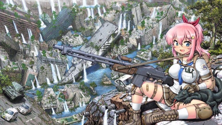 &gt;_&lt; 1girl backpack bag bandaid bandaid_on_leg blue_neckerchief boots breasts brown_boots brown_gloves brown_sailor_collar brown_skirt building car city commentary_request dragon emblem flood gloves gun hair_ornament hairclip hase_yu impossible_clothes impossible_shirt knee_pads large_breasts light_machine_gun m1918_bar machine_gun military_vehicle miniskirt motor_vehicle neckerchief original petting ponytail post-apocalypse ruins sailor_collar school_uniform serafuku ship shirt skirt solo tank water watercraft waterfall weapon white_shirt