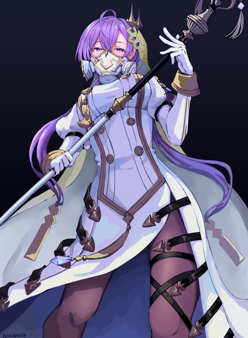 1girl absurdres black_pantyhose blush breasts clothing_request commentary_request double-parted_bangs esperanza_(shadowverse) gas_mask gloves hair_between_eyes hair_ornament highres holding large_breasts long_hair looking_at_viewer mask pantyhose purple_eyes purple_hair shadowverse shadowverse:_worlds_beyond sleeve_cuffs solo spicespice06 thigh_strap twintails twitter_username white_gloves