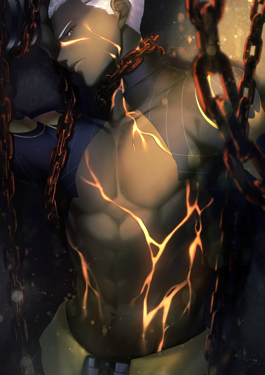 1boy abs bad_id bad_pixiv_id chain chained dark-skinned_male dark_persona dark_skin emiya_alter emiya_alter_(third_ascension) fate/grand_order fate_(series) glowing_cracks highres jam8686 long_sleeves looking_at_viewer male_focus muscular navel pixiv_fate/grand_order_contest_1 shrug_(clothing) solo toned toned_male white_hair