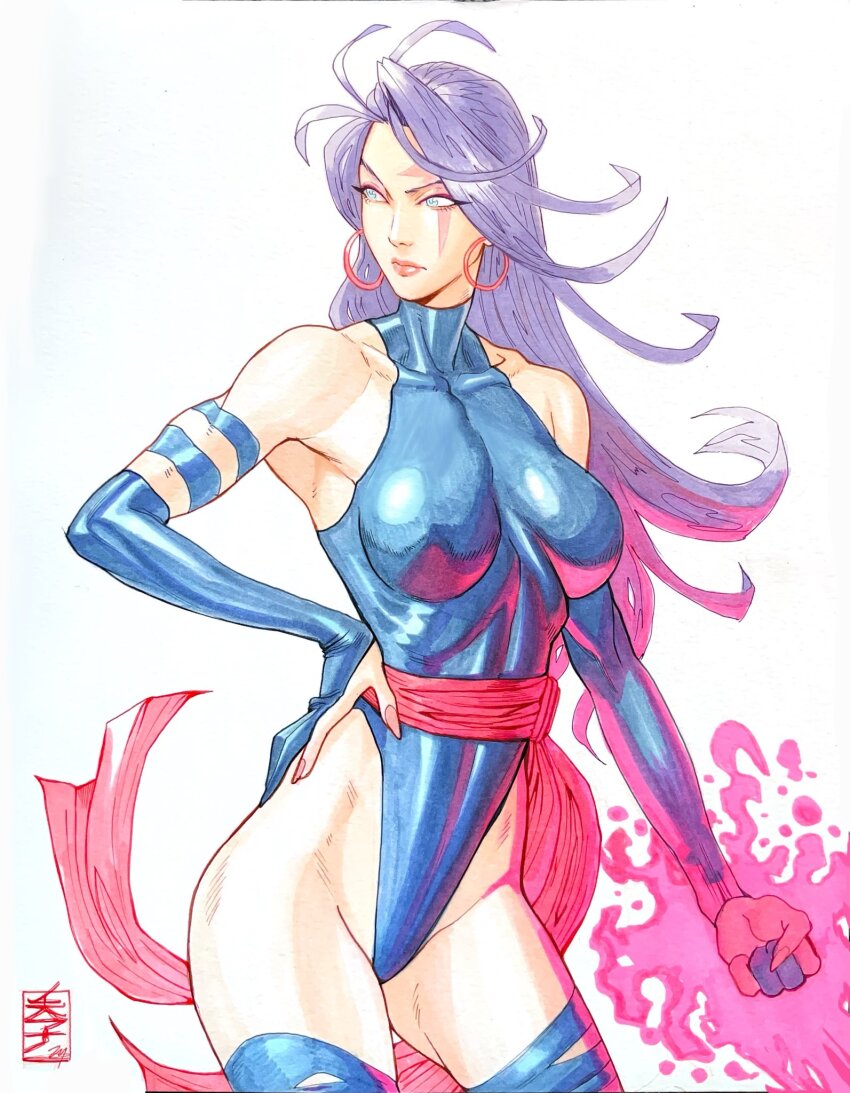 1girl bare_shoulders breasts curvy elbow_gloves energy_blade gloves highleg highleg_leotard highres hooped_earrings large_breasts leotard long_hair looking_at_viewer marvel parted_lips psylocke purple_eyes purple_hair sash solo superhero_costume thighhighs thong_leotard wide_hips x-men