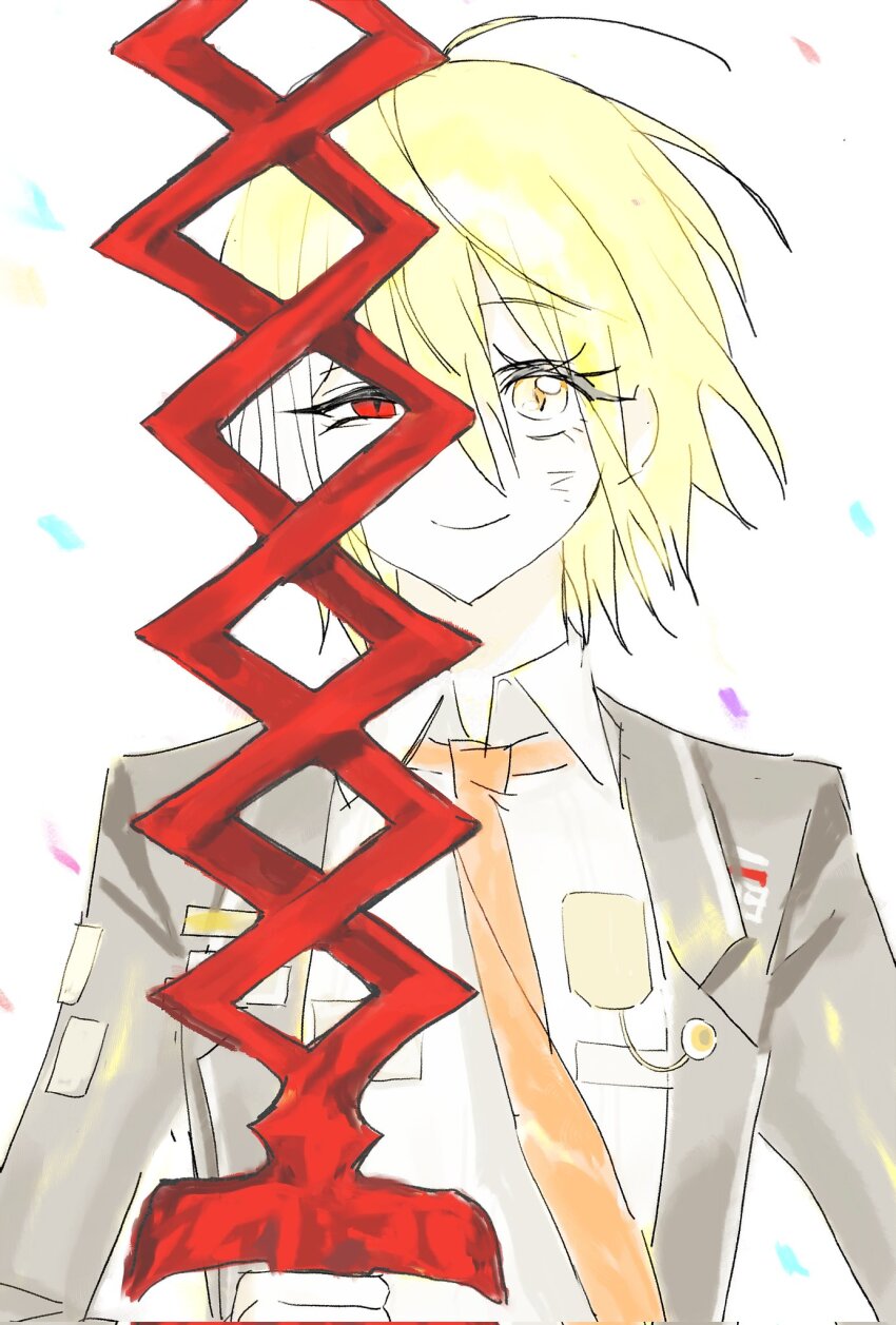 1girl ahoge badge black_jacket blonde_hair blush collared_shirt confetti don_quixote_(project_moon) double-parted_bangs dress_shirt hair_between_eyes helix heterochromia highres holding holding_weapon jacket lapels limbus_company looking_at_viewer necktie orange_necktie pixie_cut project_moon red_eyes shirt short_hair simple_background smile solo u87654321111111 uneven_eyes weapon white_background white_shirt yellow_eyes