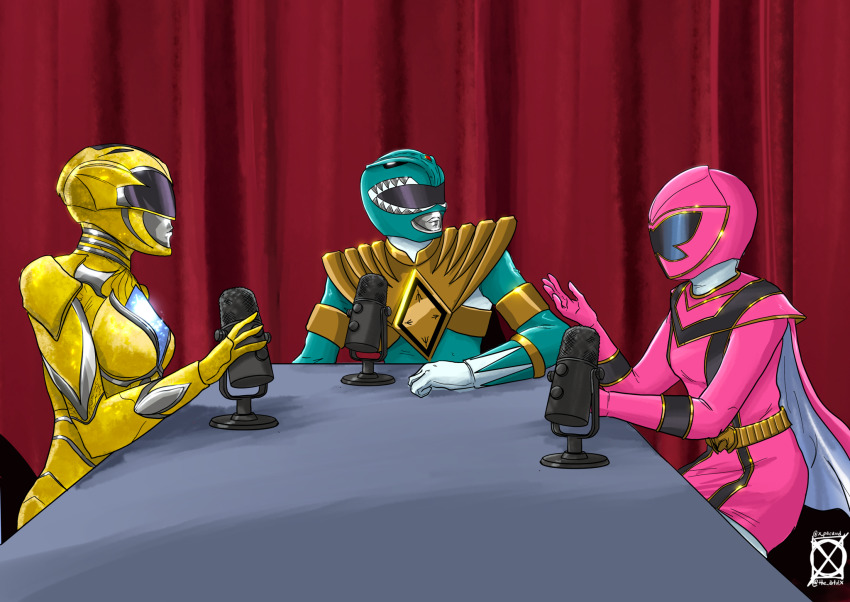 1boy 2girls arm_on_table armor belt_buckle bodysuit buckle cape curtains dragon_ranger gloves gold_armlet gold_armor gold_belt gold_trim green_bodysuit green_helmet hand_on_table helmet highres kyouryuu_sentai_zyuranger magipink mahou_sentai_magiranger microphone microphone_stand mighty_morphin_green_ranger mighty_morphin_power_rangers multiple_girls pantyhose pink_bodysuit pink_cape pink_gloves pink_helmet pink_mystic_ranger pink_skirt podcast power_rangers power_rangers_(movie) power_rangers_mystic_force red_background shoulder_armor signature skirt super_sentai table tokusatsu twitter_username white_gloves white_pantyhose x_pacaud yellow_armor yellow_gloves yellow_helmet yellow_ranger_(movie)