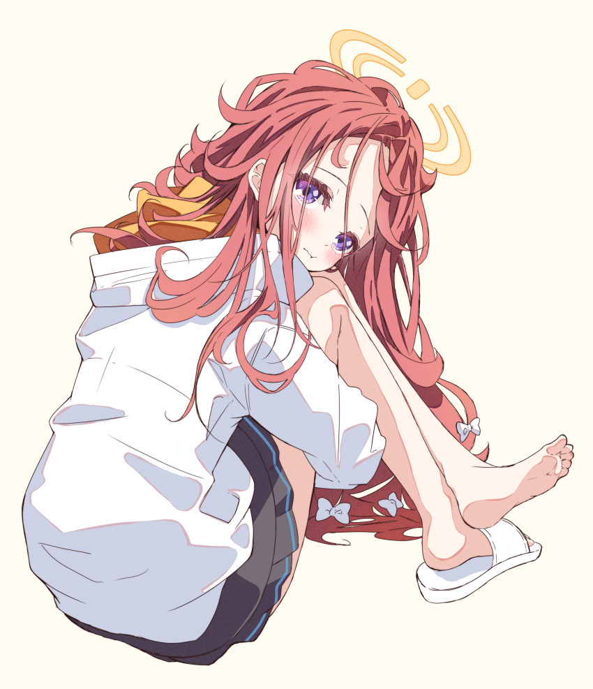 1girl absurdres bare_legs barefoot black_skirt blue_archive blush bow closed_mouth commentary forehead full_body hair_bow hair_spread_out halo highres hood hood_down hooded_jacket hugging_own_legs jacket kanikama_acedia knees_up long_hair long_sleeves looking_at_viewer miniskirt pleated_skirt pout purple_eyes red_hair single_slipper sitting skirt slippers soles solo very_long_hair white_jacket yellow_halo yuzu_(blue_archive)