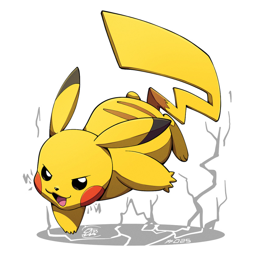 full_body gen_1_pokemon looking_at_viewer mistray-art nintendo no_humans open_mouth pikachu pokemon pokemon_(creature) signature simple_background solo tail white_background yellow_fur