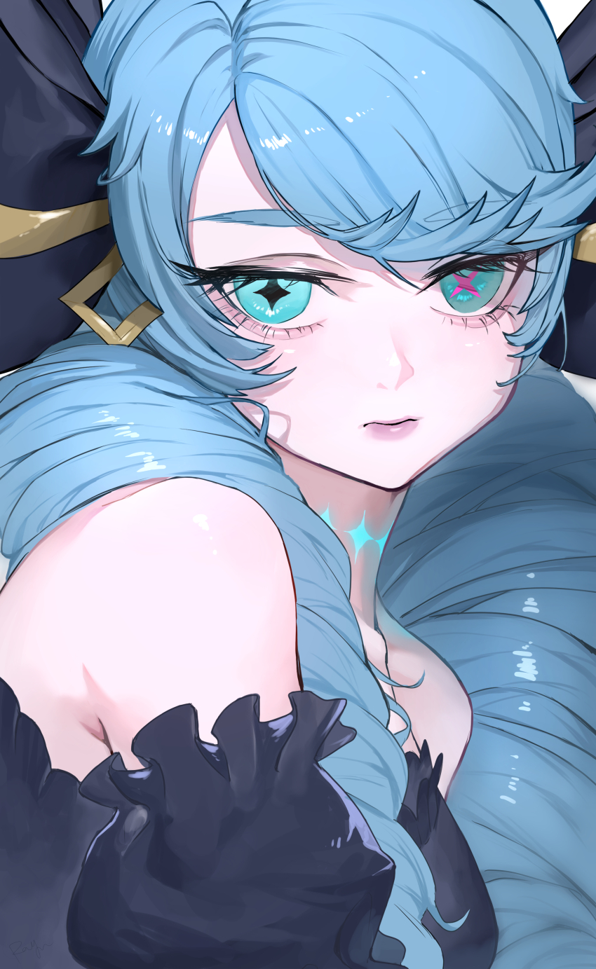 1girl absurdres bare_shoulders black_bow bow breasts closed_mouth drill_hair green_hair gwen_(league_of_legends) hair_bow heterochromia highres league_of_legends long_hair puffy_short_sleeves puffy_sleeves rayn87250715 shiny_skin short_sleeves solo twin_drills twintails