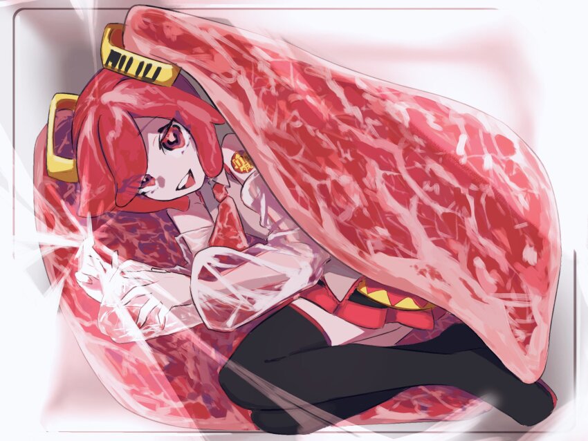 1girl adapted_costume alternate_eye_color alternate_hair_color black_boots boots borrowed_design box collared_shirt commentary_request detached_sleeves food-themed_clothes food-themed_hair full_body grey_shirt hair_ornament hatsune_miku highres in_box in_container long_hair long_sleeves looking_at_viewer lying miniskirt necktie niku_miku_(nankai) on_side open_mouth plastic_wrap pleated_skirt poking raw_meat red_eyes red_hair red_nails red_necktie red_skirt sale see-through_clothes see-through_sleeves shirt skirt sleeveless sleeveless_shirt sliced_meat smile solo thigh_boots very_long_hair vocaloid x_oo39