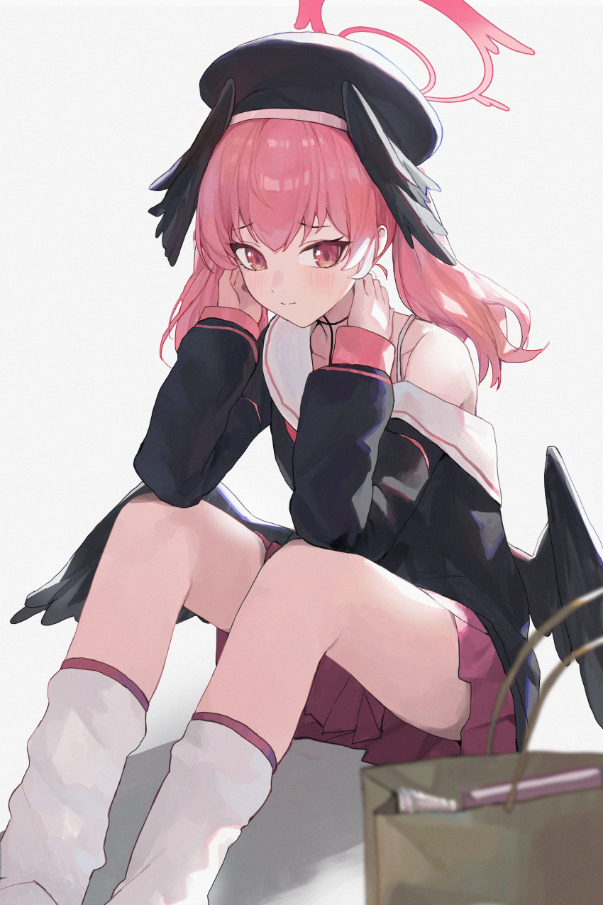 1girl absurdres black_hat black_wings blue_archive grey_background halo hat highres jianjia koharu_(blue_archive) long_sleeves looking_at_viewer low_wings pink_eyes pink_hair red_halo school_uniform simple_background sitting socks solo twintails white_socks wings