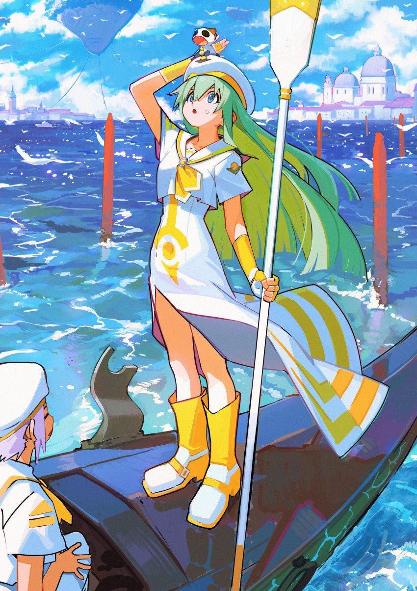 2girls :o absurdres alice_carroll aria_(manga) ascot athena_glory beret bird blue_eyes blue_sky boots cloud dress fingerless_gloves gloves gondola green_hair hair_between_eyes hat highres holding holding_oar letro long_dress long_hair looking_up multiple_girls neo-venezia oar ocean open_mouth orange_planet_uniform purple_hair sailor_collar seagull short_sleeves side_slit sky sweatdrop very_long_hair water white_dress yellow_ascot yellow_gloves yellow_trim