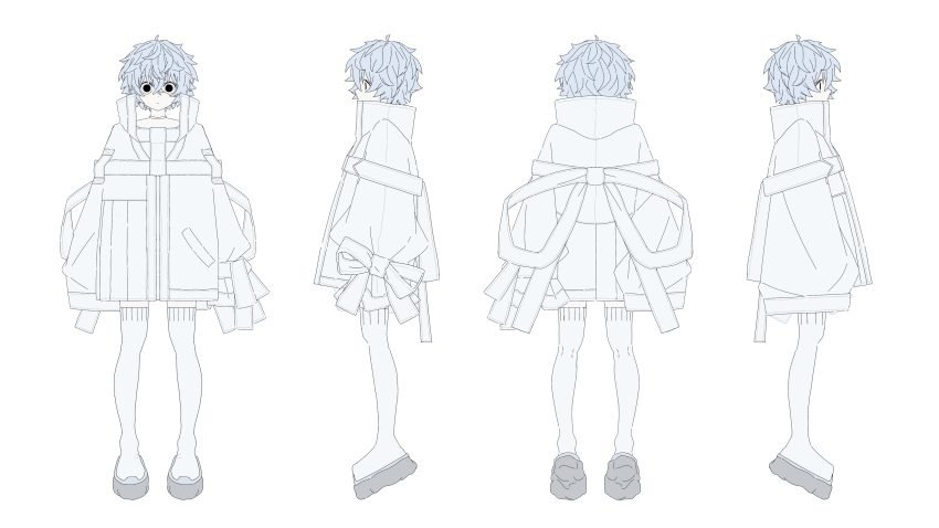 1other absurdres bad_source black_eyes blue_hair boots choker closed_mouth flat_color from_behind from_side full_body highres indie_virtual_youtuber jacket messy_hair multiple_views official_art oversized_jacket pale_skin platform_boots profile reference_sheet short_hair sleeves_past_fingers sleeves_past_wrists solid_circle_pupils straight-on thigh_boots white_background white_boots white_jacket yukue_fumei zipper