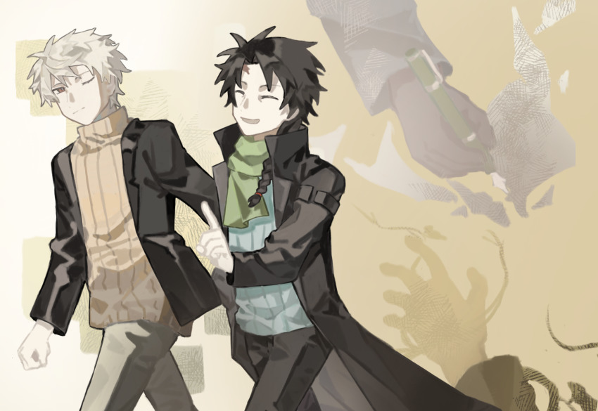 2boys aaayamitsu absurdres atou_haruki black_coat black_hair black_jacket black_pants blue_sweater braid brown_sweater chinese_commentary closed_eyes coat commentary_request green_scarf grey_pants harada_minoru highres holding holding_pen index_finger_raised jacket lapels long_hair long_sleeves male_focus multiple_boys nib_pen_(object) notched_lapels open_clothes open_coat open_jacket open_mouth pale_skin pants pen red_eyes ribbed_sweater saibou_shinkyoku scar scar_on_face scar_on_forehead scarf short_hair side_braid single_braid smile sweater turtleneck turtleneck_sweater walking white_hair