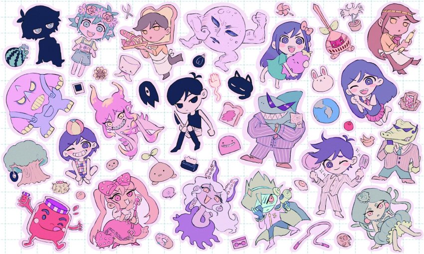 6+boys 6+girls apple aubrey_(headspace)_(omori) aubrey_(omori) ball banana barefoot basil_(headspace)_(omori) basil_(omori) biscuit_(omori) black_eyes black_gloves black_hair black_socks blonde_hair boss_(omori) bow bread bread_slice brown_hair cactus cat chibi clam closed_mouth colored_skin cookie crossed_arms dark-skinned_female dark-skinned_male dark_skin doughie_(omori) donut expressionless eyepatch fingerless_gloves flower food forest_bunny_(omori) fruit frying_pan gator_guy_(omori) gloves green_eyes green_hair green_necktie green_skin grin gun hair_bow head_wreath highres holding holding_frying_pan holding_gun holding_knife holding_spatula holding_stuffed_toy holding_tray holding_weapon humphrey_(omori) jar jump_rope kel_(headspace)_(omori) kel_(omori) kneehighs knife life_jam_guy_(omori) long_hair looking_at_viewer marina_(omori) medusa_(omori) mewo milkymilkyshark molly_(omori) monster_girl mr._jawsum multicolored_hair multiple_boys multiple_girls neckerchief necktie omori omori_(omori) overall_shorts overalls parted_lips photo_(object) picnic_basket pink_bow pink_eyes pink_hair pleated_skirt pluto_(omori) polka_dot polka_dot_bow red_neckerchief red_necktie red_skirt rolling_pin rope shark_boy sharp_teeth shears short_hair sir_maximus_(omori) skirt slime_girl slime_girls_(omori) smile snaley_(omori) socks something_(omori) spatula sprout_mole stranger_(omori) stuffed_eggplant stuffed_toy sunflower sunglasses teeth tentacle_hair the_earth_(omori) tire_swing tissue_box toast tray tree twintails unused_tire watch watermelon weapon white_hair white_skin wristwatch yellow_eyes