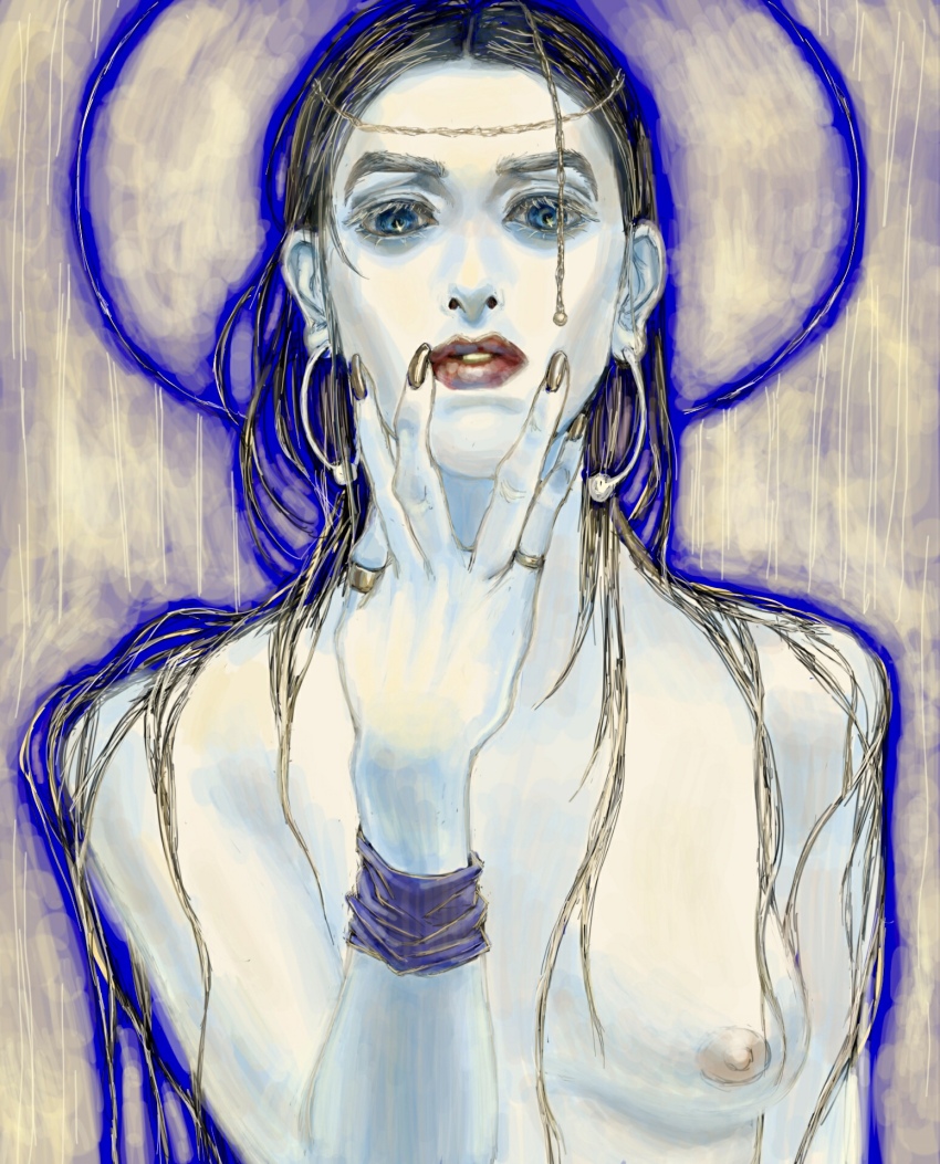 1girl aged_up asirpa black_hair black_nails blue_eyes bracelet breasts chinese_commentary commentary_request earrings golden_kamuy head_chain highres hoop_earrings jewelry long_eyelashes long_hair longwandb multiple_rings nipples nude parted_lips red_eyes ring small_breasts solo upper_body