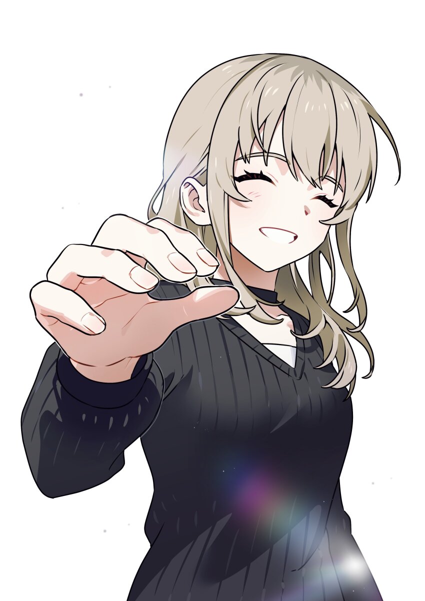 1girl absurdres black_choker black_sweater blush choker closed_eyes commentary_request girls_band_cry grey_hair grin habsida_(habsida_hpy) highres kawaragi_momoka korean_commentary light_particles long_sleeves reaching reaching_towards_viewer simple_background smile solo sweater white_background
