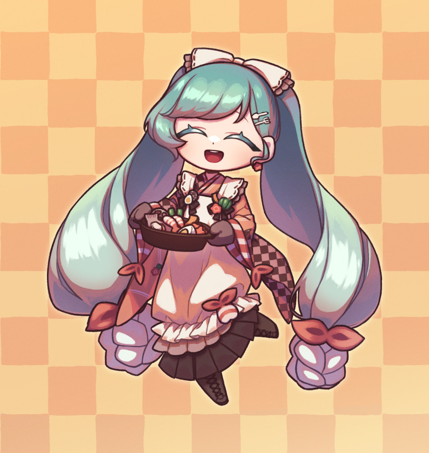 1girl :d ^_^ apron aqua_hair asymmetrical_bangs asymmetrical_sleeves black_boots black_mittens boots bow brooch carrot_slice checkered_background closed_eyes colored_eyelashes colored_lineart commentary cooking_pot deformed dress earrings facing_viewer flower_earrings food fork_hair_ornament frilled_apron frills full_body furisode green_pepper hair_behind_ear hair_bow happy hardboiled_egg hatsune_miku highres holding holding_cooking_pot japanese_clothes jewelry kappougi kimono knee_up knife_hair_ornament lace-up_boots layered_dress long_hair lotus_root mismatched_sleeves mittens nya_tatabi official_alternate_costume open_mouth orange_background orange_kimono oven_mitts print_kimono puffy_dress single_sidelock smile solo standing standing_on_one_leg star-shaped_food star_(symbol) swept_bangs teeth twintails two-handed upper_teeth_only very_long_hair vocaloid wavy_hair white_apron white_bow yuki_miku yuki_miku_(2024)