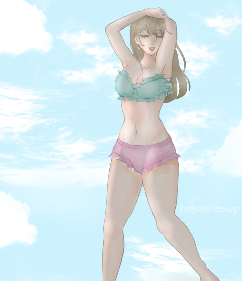 1girl absurdres armpits bikini blonde_hair breasts cleavage closed_eyes cloud day highres large_breasts long_hair navel ocean outdoors sky solo standing strapless swimsuit