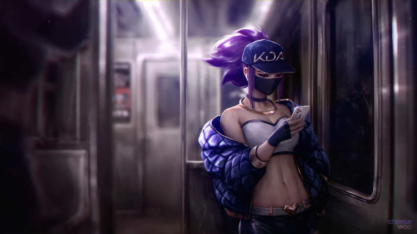1girl akali baseball_cap black_choker black_gloves black_mask blouse blue_jacket blurry blurry_background breasts buckle cellphone cheesewoo choker crop_top fingerless_gloves gloves gold hand_up hat heart heart-shaped_buckle highres holding holding_phone jacket jewelry k/da_(league_of_legends) k/da_akali league_of_legends long_hair looking_at_phone looking_down mask midriff mouth_mask navel neck_ring off_shoulder official_alternate_costume phone ponytail print_headwear purple_hair shirt sidelocks single_bare_shoulder small_breasts smartphone solo stomach strapless train_interior upper_body white_shirt