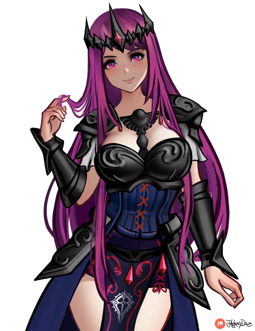 1girl absurdres armor breasts cleavage cosplay fire_emblem fire_emblem_engage highres hyrule_warriors ivy_(fire_emblem) jackary large_breasts long_hair looking_at_viewer nintendo princess_zelda purple_eyes purple_hair smile solo the_legend_of_zelda very_long_hair