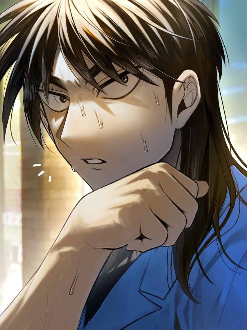 1boy black_eyes black_hair blue_shirt collared_shirt commentary_request expressionless highres itou_kaiji kaiji long_hair looking_at_viewer male_focus niwatori_panda notice_lines parted_lips shirt solo sweat upper_body