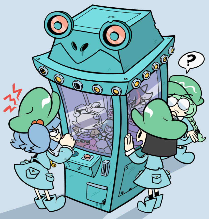 4girls ? annoyed black_hair blonde_hair blue_hair boots braid breasts character_doll cone_horns crane_game doll glasses green_hair hair_bobbles hair_ornament hat highres horns kappa_mob_(touhou) kawashiro_nitori kevin_arthur key kijin_seija kochiya_sanae long_sleeves moriya_suwako multicolored_hair multiple_girls short_hair single_braid small_horns spoken_question_mark streaked_hair touhou twintails two_side_up
