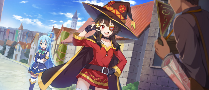 1boy 2girls aqua_(konosuba) belt black_belt black_cape black_gloves black_hat blue_boots blue_brooch blue_dress blue_gemstone blue_hair blue_sky boots bow bowtie brown_hair cape clenched_hand cloud collarbone crossed_arms day detached_sleeves dot_nose dress dutch_angle eyepatch fingerless_gloves flag game_cg gem gloves green_bow green_bowtie hair_ornament hair_rings hand_on_own_hip hat highres holding house kono_subarashii_sekai_ni_shukufuku_wo! konosuba!_fantastic_days long_hair megumin multiple_girls official_art open_mouth outdoors purple_shirt red_dress red_eyes shirt short_hair_with_long_locks single_hair_ring sky sleeveless sleeveless_dress smile sparkle thigh_boots thighhighs third-party_source town v v_over_eye very_long_hair white_sleeves white_thighhighs wide_brim witch_hat zettai_ryouiki
