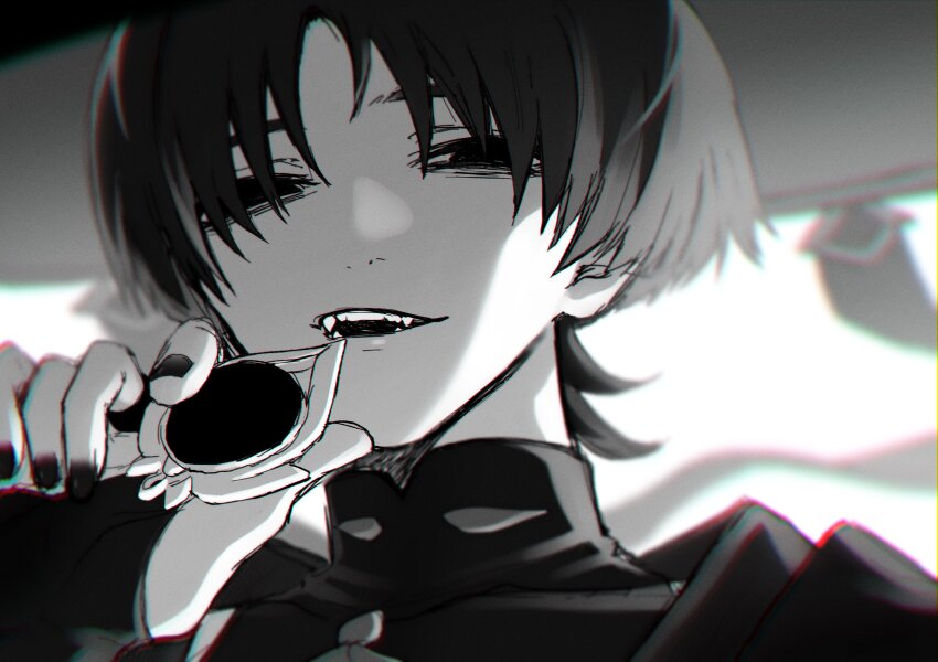 1boy absurdres bags_under_eyes blunt_ends bodysuit bridal_gauntlets dark_persona empty_eyes fingernails gem genshin_impact hat highres jingasa lowered_eyelids male_focus mandarin_collar monochrome open_mouth portrait ritsuka_mash scaramouche_(genshin_impact) sharp_teeth solo teeth upper_teeth_only vision_(genshin_impact) wanderer_(genshin_impact)